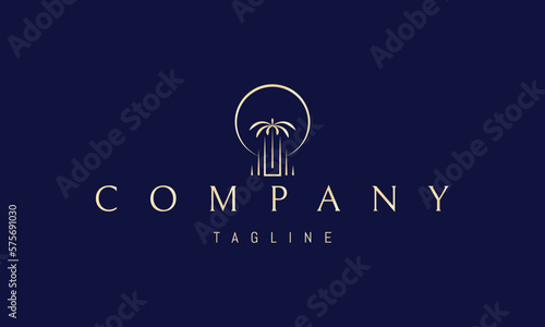 Vector golden logo on which an abstract image of a palm tree against the background of columns and the sun.