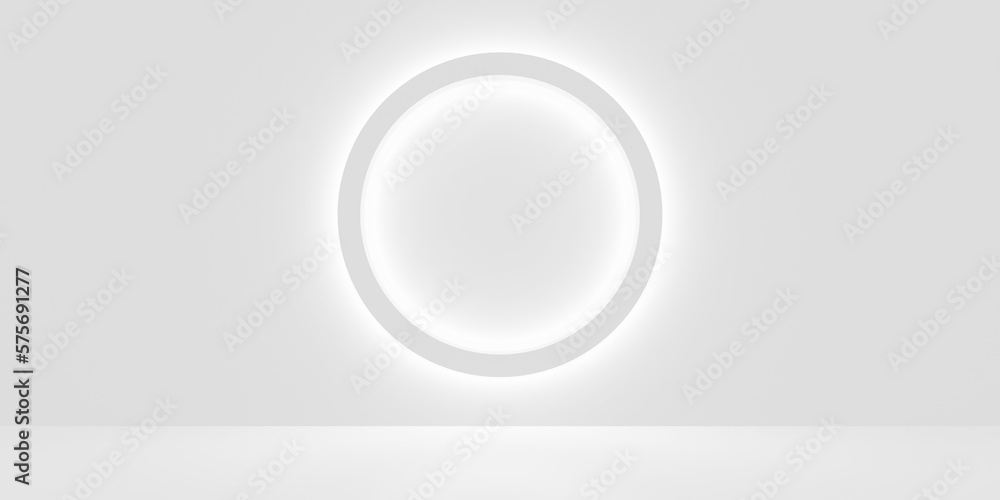 White empty, blank, clean room with ring shaped backlit geometric shape on the back wall, product presentation template background White empty, blank, clean room with ring shaped backlit geometric shape on the back wall, product presentation template background