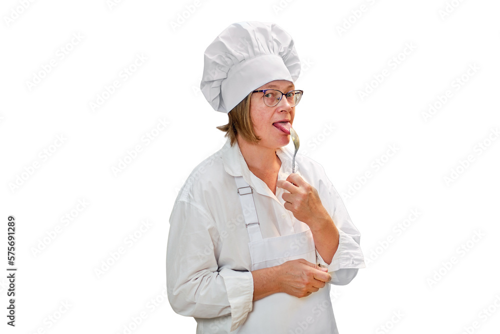 An adult woman in white chef's clothes cooks food in a home kitchen, isolated on a white background An adult woman in white chef's clothes cooks food in a home kitchen, isolated on a white background