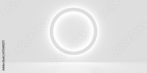 Fotografie White empty, blank, clean room with ring shaped backlit geometric shape on the b