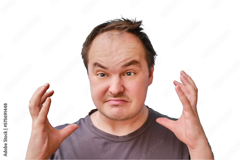 Portrait of an enraged adult man with a disheveled appearance, isolated on a white background Portrait of an enraged adult man with a disheveled appearance, isolated on a white background