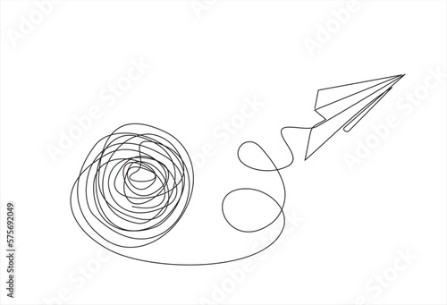 Chaos and paper plane, abstract minimalist concept vector illustration. Metaphor of disorganized difficult problem found solution, mess with single continuous tangle thread in need of unraveling.