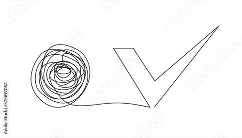 Chaos and Badge YES, abstract minimalist concept vector illustration. Metaphor of disorganized difficult problem found solution, mess with single continuous tangle thread in need of unraveling.