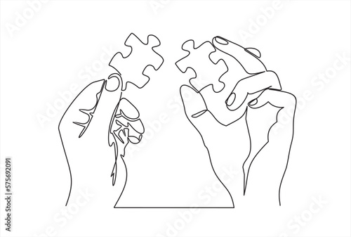 Continuous one line drawing of hands and puzzle. Business matching - connecting puzzle elements.  Puzzle game symbol and iconic business metaphor for problem solving, solution and strategy.
