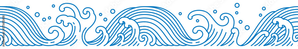 Oriental water wave seamless pattern. Line art. - obrazy, fototapety, plakaty 