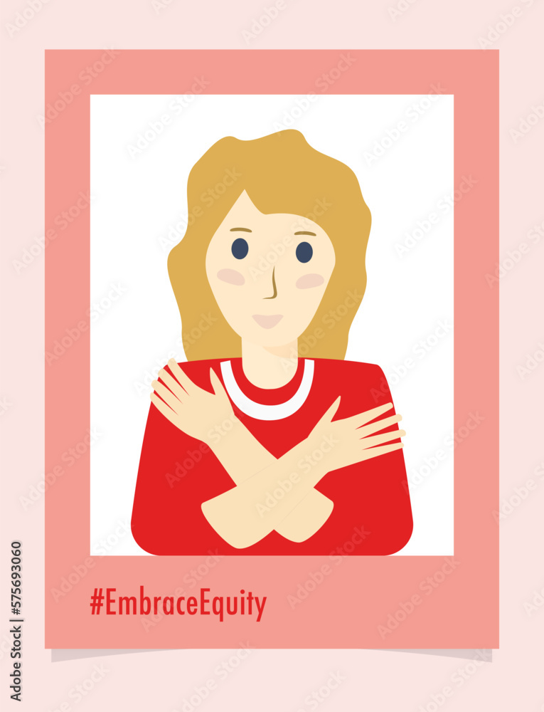 Person portrait #EmbraceEquity Give equity a huge embrace. International Women's Day 2023 Embrace equity. Equal opportunities are no longer enough Vector illustration. Isolated Person portrait #EmbraceEquity Give equity a huge embrace. International Women's Day 2023 Embrace equity. Equal opportunities are no longer enough Vector illustration. Isolated