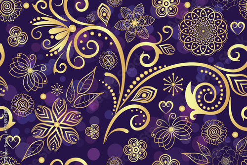 Vector violet seamless pattern with vintage golden flowers and circles with bokeh