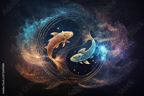 Pisces zodiac sign against space nebula background. Astrology calendar. Esoteric horoscope and fortune telling concept, created with Generative AI photo