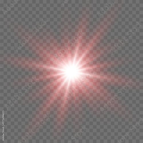 Explosion of red glowing light on transparent background. Vector illustration light effect decoration with beam. Bright Star. Translucent radiance of the sun, bright glare. Central bright flash.