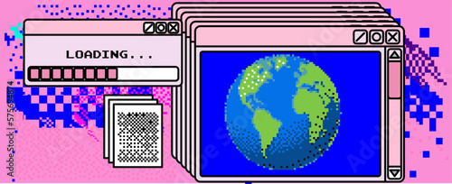 The Earth Globe World geography sphere map model in pixel art style. The concept of The World Wide Web.