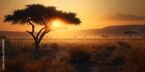 Sunset in the African savanna - Generative AI
