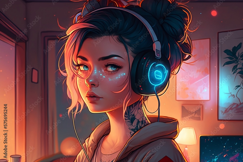 Lofi style beautiful girl with headphones, blue eyes and short hairs