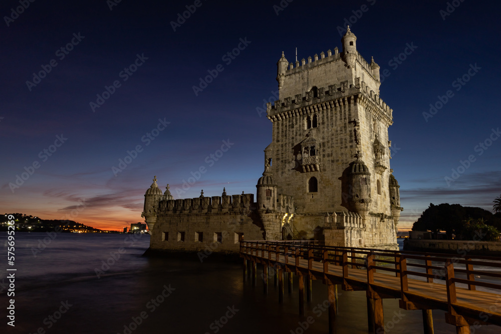 View at the Belem tower at the bank of Tejo River in Lisbon - Night Time