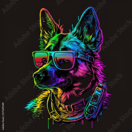 Belgian Malinois Dog 80s Synthwave Detailed T-Shirt Vector Art with Vivid Colors | Generative AI photo