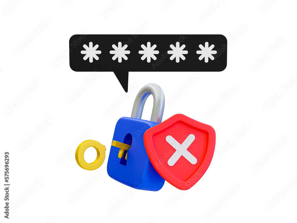 3d minimal password verification. Password authentication concept. Login failed. Unauthorized user. Key with padlock and red shield with a cross mark. concept. 3d rendering illustration.
