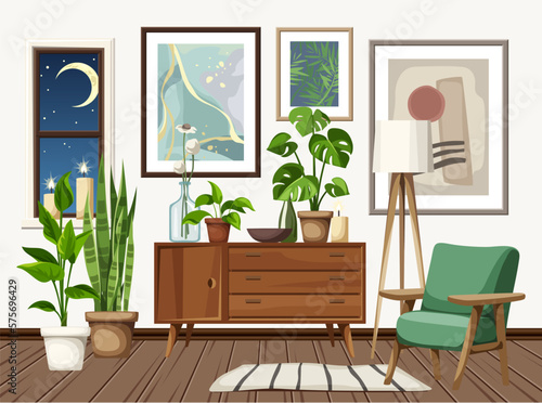 Boho living room interior design with a dresser, a green armchair, paintings on the wall, and a lot of houseplants. Cartoon vector illustration