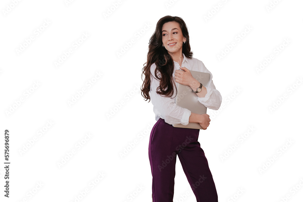 Cheerful young woman embracing laptop happily, finished work. Brunette pretty entrepreneur looking aside against transparent background. Satisfied student glad to receive great news. Remote education. Cheerful young woman embracing laptop happily, finished work. Brunette pretty entrepreneur looking aside against transparent background. Satisfied student glad to receive great news. Remote education.