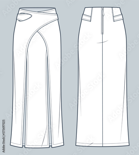 Wrap maxi Skirt technical fashion illustration.  Denim Skirt fashion flat technical drawing template, two front slits, zip-up, front and back view, white, women CAD mockup.