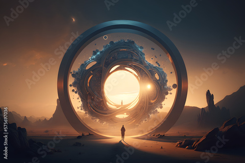 Circle of life, person in the middle of the circle, sunlight, made with Generative AI