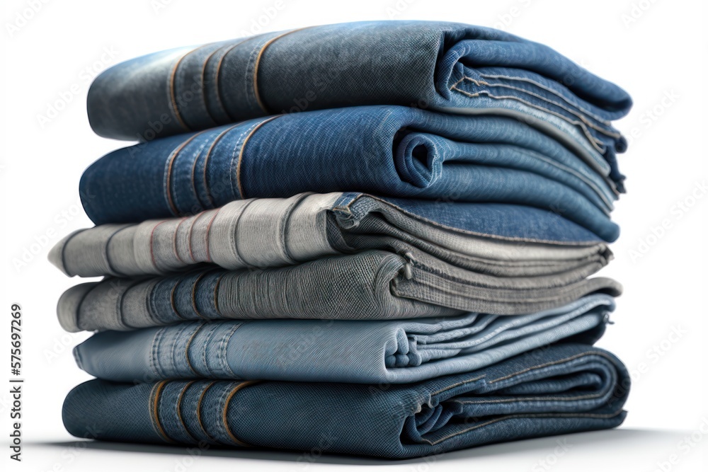 Diverse folded jeans lying in stack on white background. AI generation