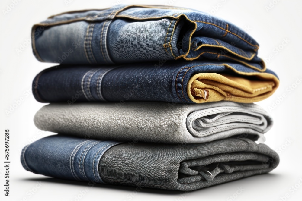Diverse folded jeans lying in stack on white background. AI generation