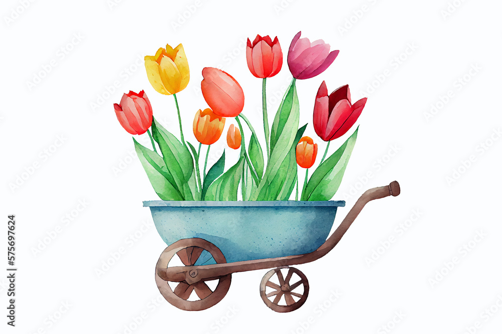 Wheelbarrow with Colorful Tulip Blooms. Watercolor hand drawn Easter and spring florist farmhouse illustartion. generative ai