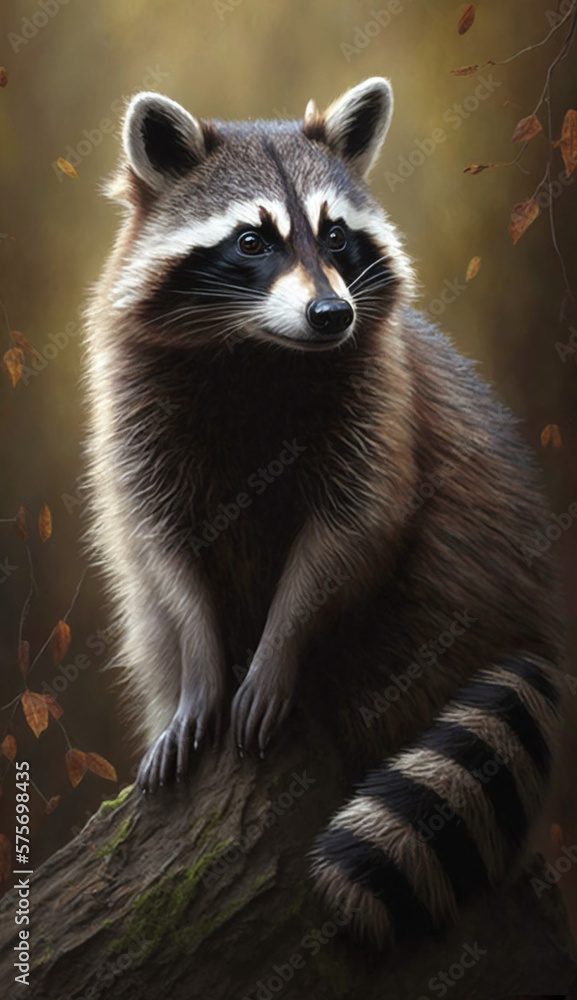 Artistic rendering of a raccoon perched on a tree branch amidst autumn leaves, with soft lighting
