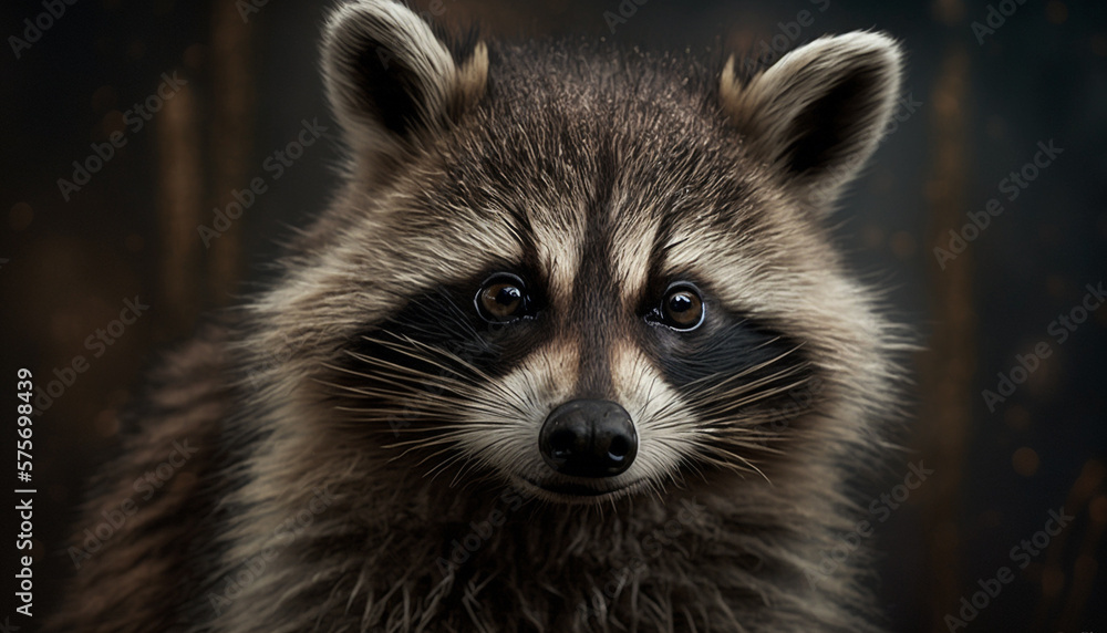 Close-up portrait of a raccoon with striking facial markings, set against a rustic dark wood backdrop