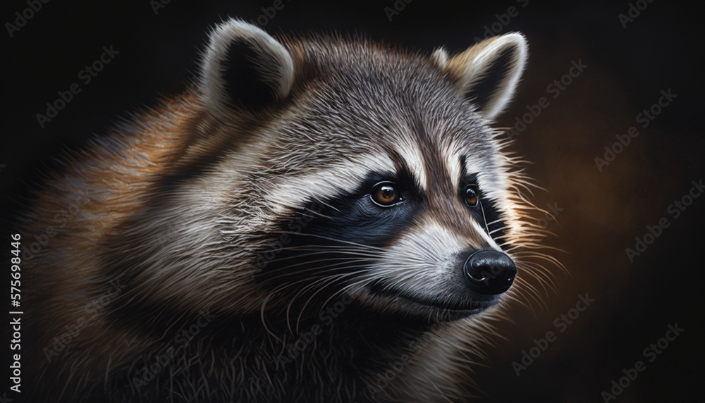 Digital art of a raccoon in partial shadow, highlighting the intricate details of its fur and face