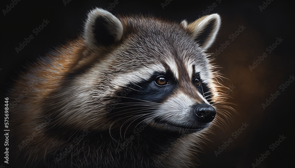 Digital art of a raccoon in partial shadow, highlighting the intricate details of its fur and face Digital art of a raccoon in partial shadow, highlighting the intricate details of its fur and face
