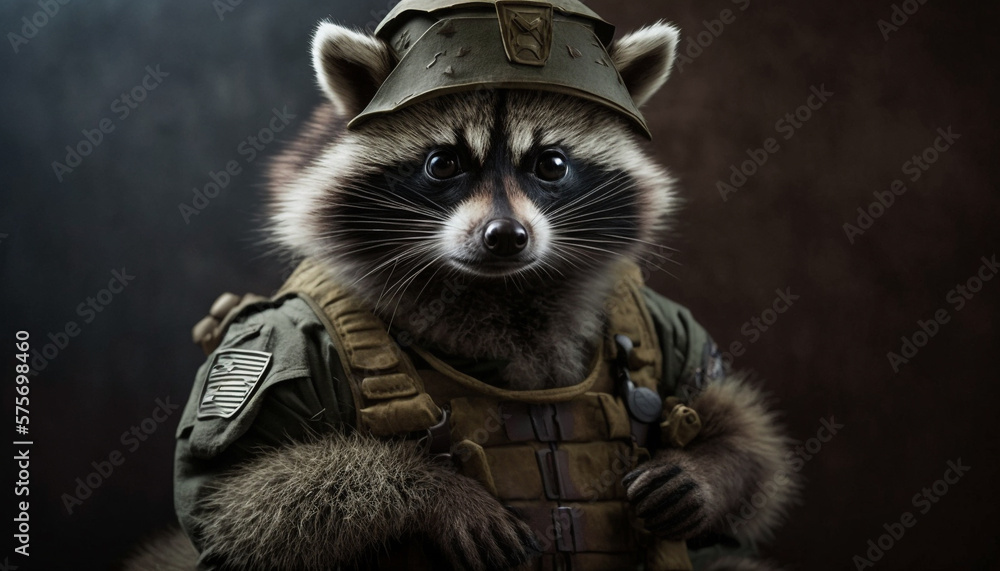 Realistic portrayal of a raccoon dressed in tactical military gear, with a stern gaze and dark background