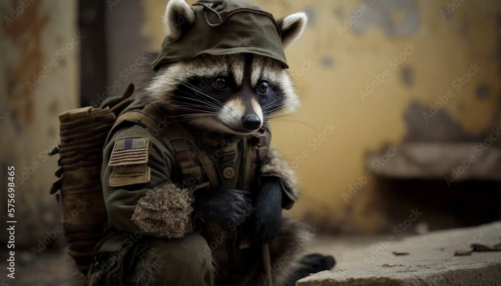 Imaginative depiction of a raccoon soldier in an abandoned setting, geared up for surveillance duty.