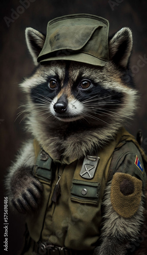 Digital illustration of a raccoon in a military uniform with a cap, standing at attention, against a dark backdrop. © Liana