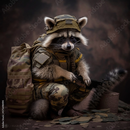 Artwork of a raccoon soldier seated with military gear and a rifle, evoking a sense of preparedness.