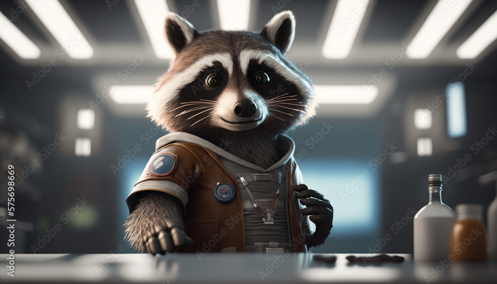 Fototapeta A raccoon in a space suit leans on a bar counter, evoking a scene from a whimsical space adventure.