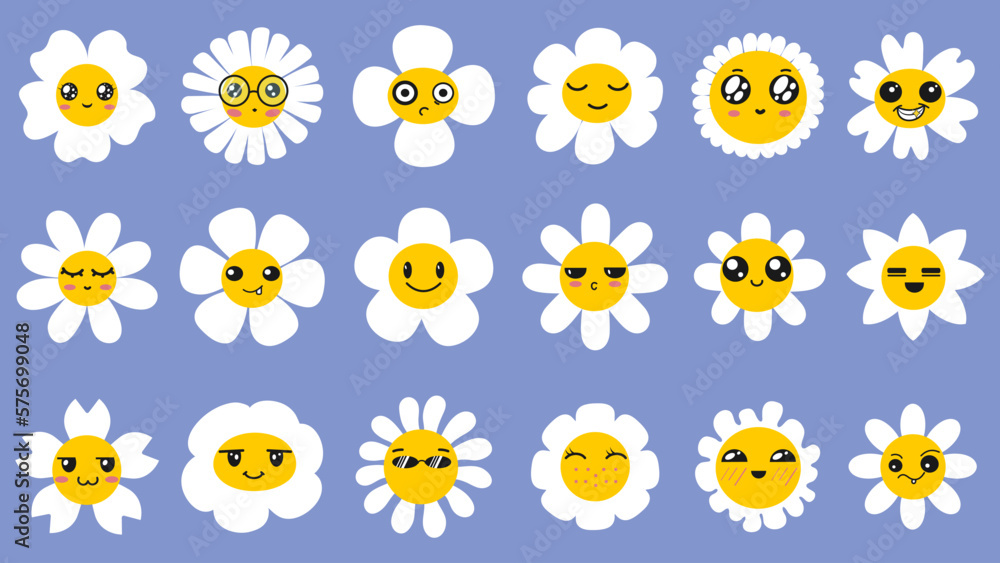 Chamomile characters,daisy flowers with cartoon funny smiling faces. Cute chamomile happy emotion. Kids logo design with daisies vector set. Illustration of smile floral flower, bloom chamomile. Chamomile characters,daisy flowers with cartoon funny smiling faces. Cute chamomile happy emotion. Kids logo design with daisies vector set. Illustration of smile floral flower, bloom chamomile.