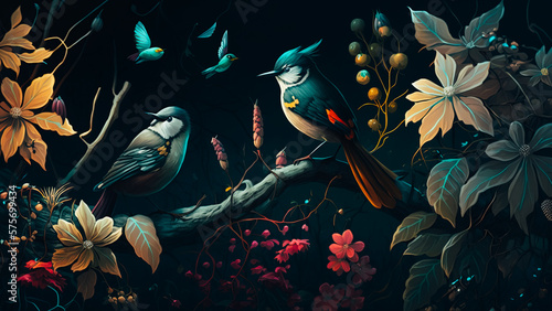 A garden with flowers, birds on the branches dark