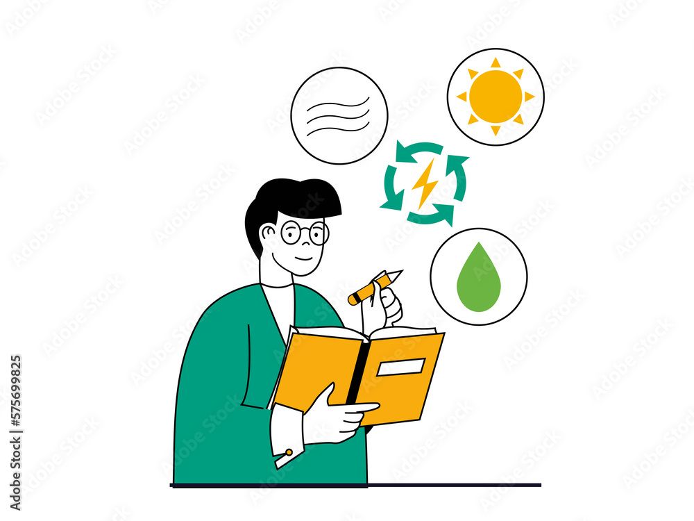 Green energy concept with character situation. Man developing ecological system technology using renewable sources of wind, sun and water. Illustrations with people scene in flat design for web Green energy concept with character situation. Man developing ecological system technology using renewable sources of wind, sun and water. Illustrations with people scene in flat design for web