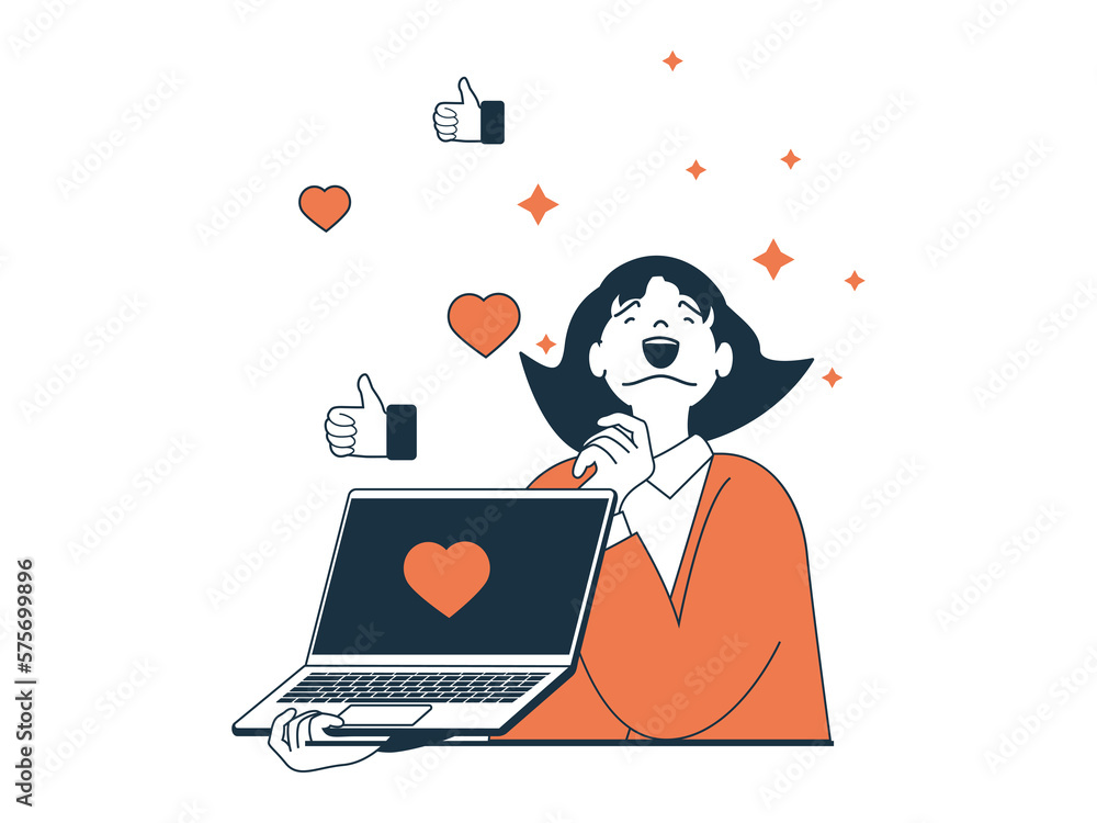Internet addiction concept with character situation. Excited woman has ...