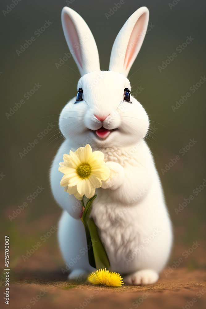 Obraz premium Easter bunny with yellow flowers. Generative AI.