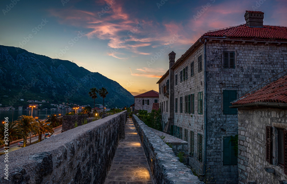 Evening view of the old town of Kotor, Montenegro from the fortress wall. The Bay of Kotor is a beautiful place on the Adriatic Sea. Kotor, Montenegro.
