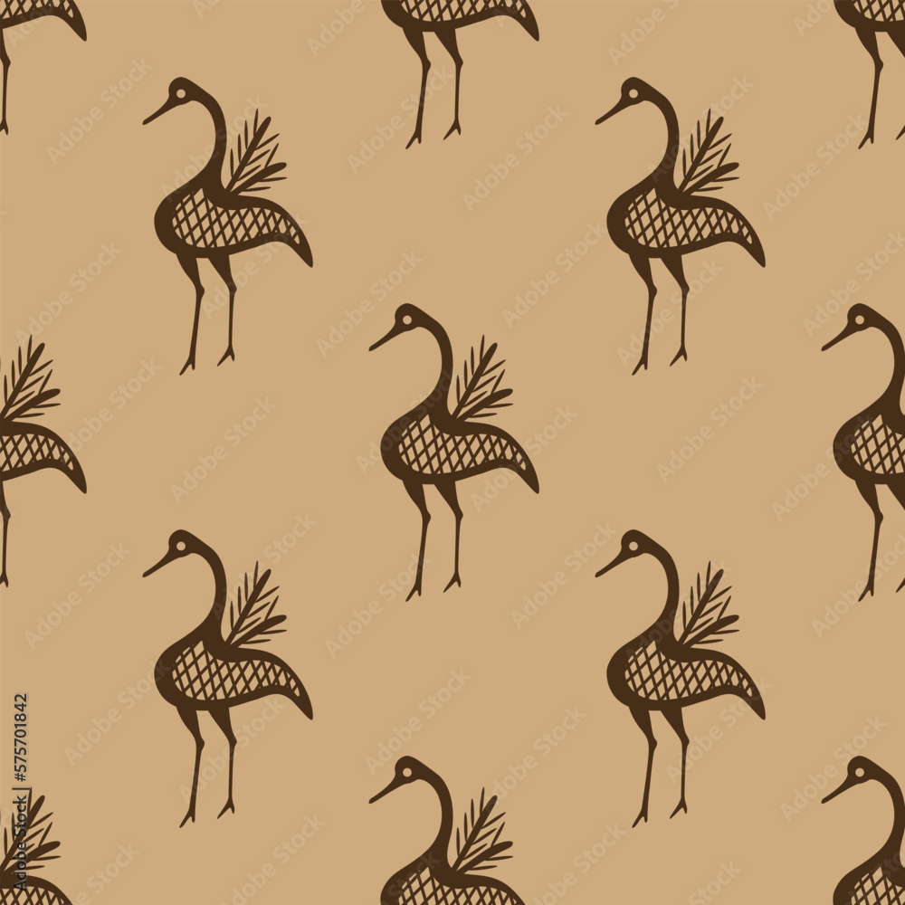 Seamless ethnic monochrome animal pattern with stylized funny birds. Ancient Greek design. Brown silhouettes on beige background.
