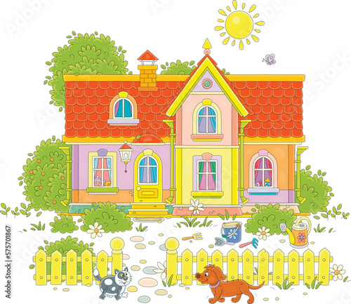 Funny cat and dog walking around a pretty country house and a small courtyard with a fence, trees and bushes on a sunny summer day, vector cartoon illustration isolated on a white background

