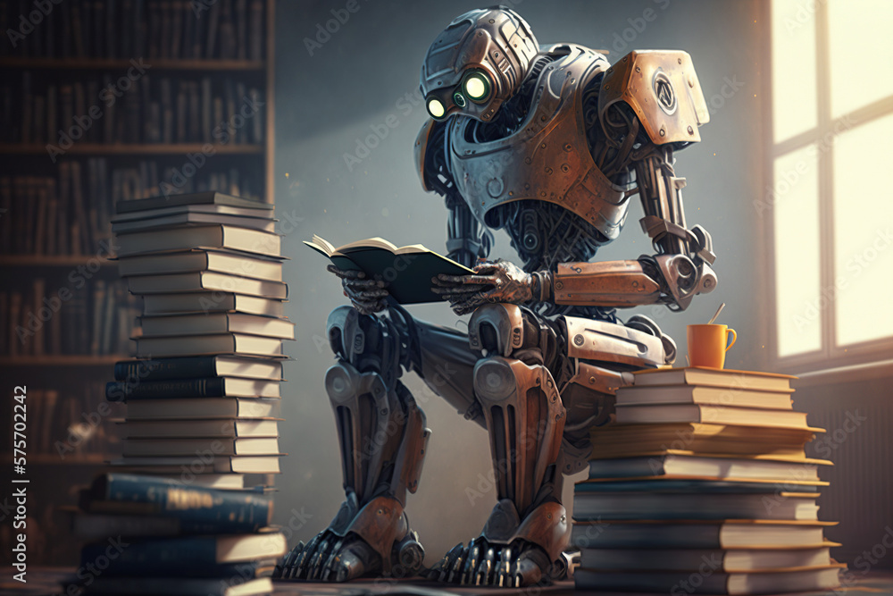 The robot sits at a table in the library and reads a book, concept of