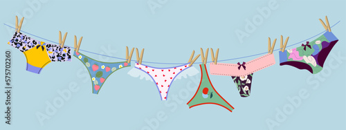 Women's panties hanging on a rope. The underwear is dried after washing. Various options for panties. Vector flat illustration, hand drawing for design.