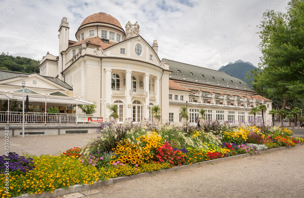 the Kurhaus and Theatre of Meran in the historic center of Merano in South Tyrol, Bolzano province, Trentino Alto Adige, northern Italy - Juli 16, 2020