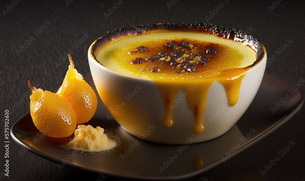 a bowl of food with a spoon and oranges on a plate. generative ai a bowl of food with a spoon and oranges on a plate. generative ai