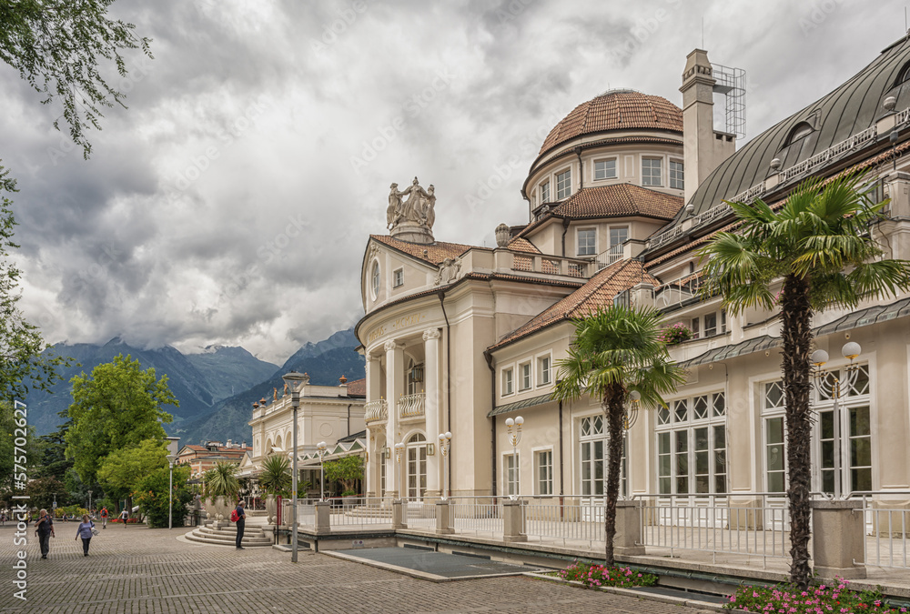 the Kurhaus and Theatre of Meran in the historic center of Merano in South Tyrol, Bolzano province, Trentino Alto Adige, northern Italy - Juli 16, 2020