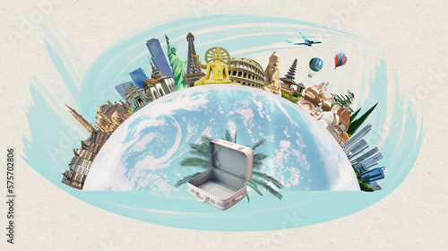 World religious and architecture monuments- collage or globe from different religions from Asia, Africa and Europe. Travel and tourism with famous world landmarks.