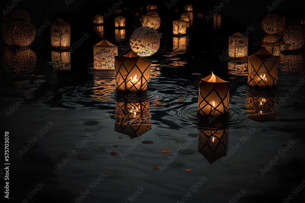 A lantern floating on the lake at night. Chinese paper floating